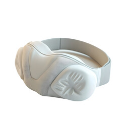 A close up shot of a white eye massager on a black background studio