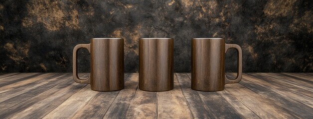Three handcrafted wooden mugs rest atop a vintage barrel table in a warmly lit, inviting space, emphasizing rustic charm