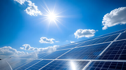A stunning view of solar panels reflecting sunlight under a bright blue sky with fluffy clouds.