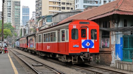 Fototapeta premium Red and White Vintage Train at a City Railway Station