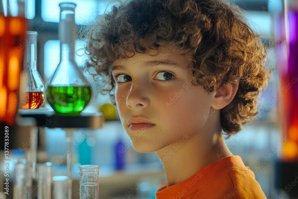 Aufkleber child conducting scientific experiment in laboratory with colorful beakers generative ai