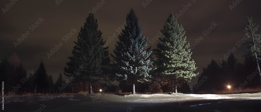 Poster a minimalist cinematic composition featuring a row of stacked pine trees set against a moody atmosph