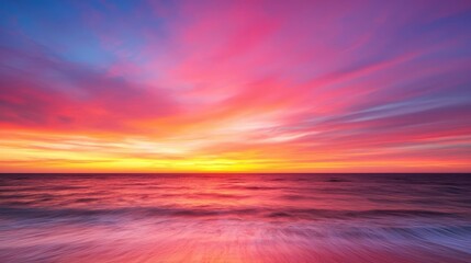 Obraz premium Sunset over the ocean scenic view with vibrant sky and dramatic dusk concept. Vibrant sunset over the ocean with stunning cloud formations.