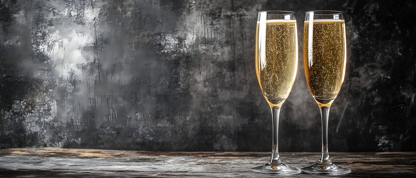 elegant photo with 2 glasses of champagne isolated over dark gray chalkboard background; copy space; concept of festive celebration, birthday party, greeting card, congratulations