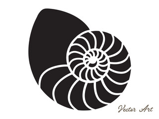 Nautilus sea shell or spiral round snail shell vector silhouette on white background