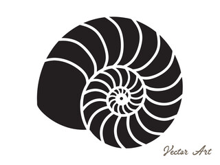 Nautilus sea shell or spiral round snail shell vector silhouette on white background