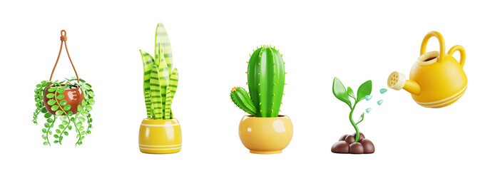 House plant in hanging and flower pot 3d render icon set. Cactus, sansevieria, climbing plant with green leaf, yellow watering can pours water on sprout grow in soil, home garden care