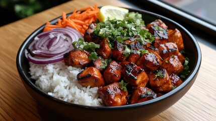 Colorful bowl showcases rice, grilled chicken, fresh vegetables, and herbs, enhanced by natural light on a rustic wooden table