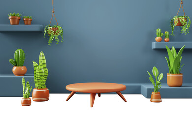 3d flower shop interior with wooden table and green plants in pot standing on shelves and floor. Realistic render of florist store inside with blue wall and podium for product display