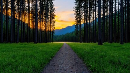 Fototapeta premium Pine forest sunset sky painted in radiant colors over peaceful meadow concept. Scenic forest path leading to majestic mountains at sunset.