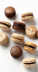 Fototapeta premium A photograph of several macarons in different shades and shapes, arranged on the left side against
