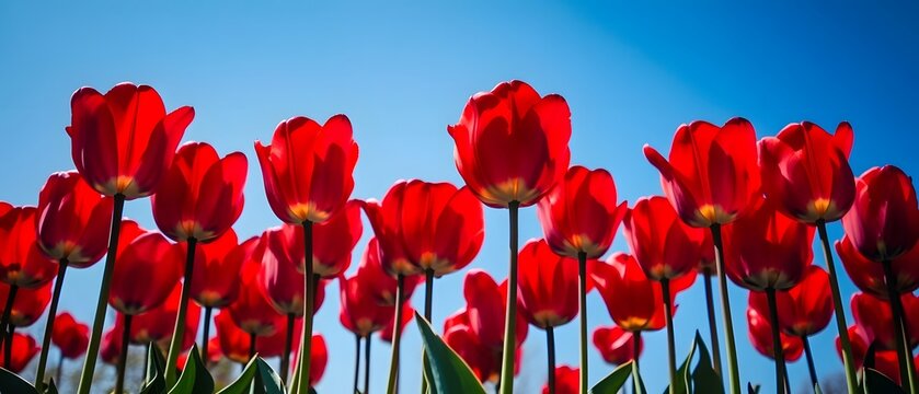 A vibrant field of red tulips in full bloom under a clear azure sky with a contemporary cinematic lighting effect creating a serene and picturesque scene
