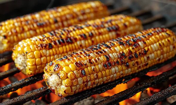 Grilled corn on the cob showcases vibrant yellow kernels with charred edges, resting on a grill, exuding a delicious aroma.