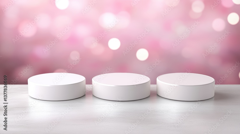 Poster abstract pink bokeh background with white podiums on smooth surface