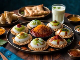 Dahi Puri: A Refreshing Indian Street Food, Featuring Crispy Puri Shells Filled with Creamy Yogurt, Tangy Tamarind, and a Blend of Spices, Offering a Perfect Balance of Sweet and Savory