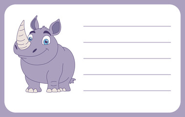 Cartoon-style rhinoceros on a lavender name tag with lines for writing, animal illustration on card.