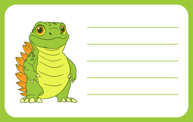 Cartoon dinosaur name tag template with horizontal lines for text over a solid green background.