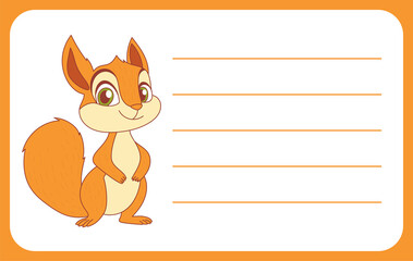 Cute cartoon squirrel on a white note card with orange trim and horizontal lines for writing information.