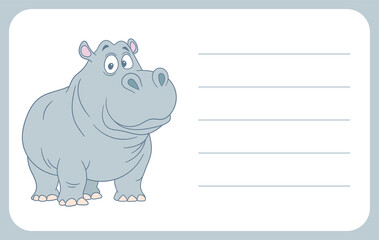 Cartoon Hippo on a lined note card with a gray border, perfect for writing personal messages.