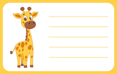 Cartoon giraffe name tag with blank lines in a yellow frame, ready to be filled out for contact info.