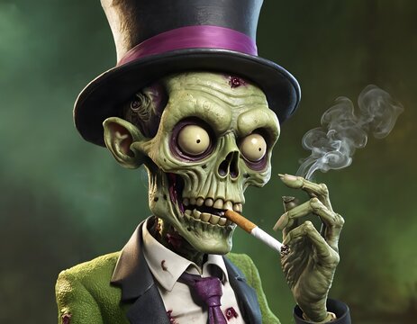 Creepy zombie character in a classy suit enjoying a cigarette in a mysterious environment