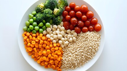 Balanced portion of whole grains and fresh vegetables arranged on a plate for mindful consumption