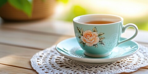 Fototapeta premium Floral teacup with rose design on doily on sunlit wooden table