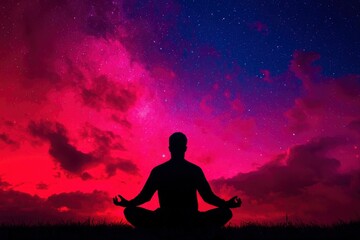 Silhouette of a person meditating under a vibrant night sky