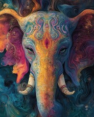 A colorful and ornately detailed depiction of an elephants head