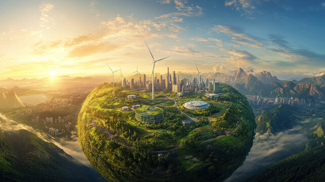 A spherical floating landmass showing an advanced green cityscape, towering wind turbines and smart sustainable housing surrounded by vibrant foliage, distant mountains under soft sunrise glow