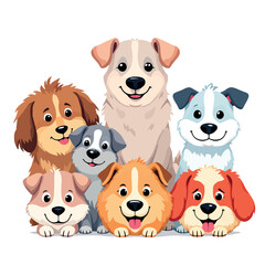 Group of happy cartoon dogs posing together