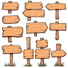 Wooden signs pointing in different directions with grass and nails