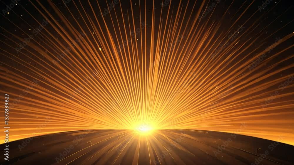 Poster radiant horizon: abstract golden light rays emanating from the horizon with particles