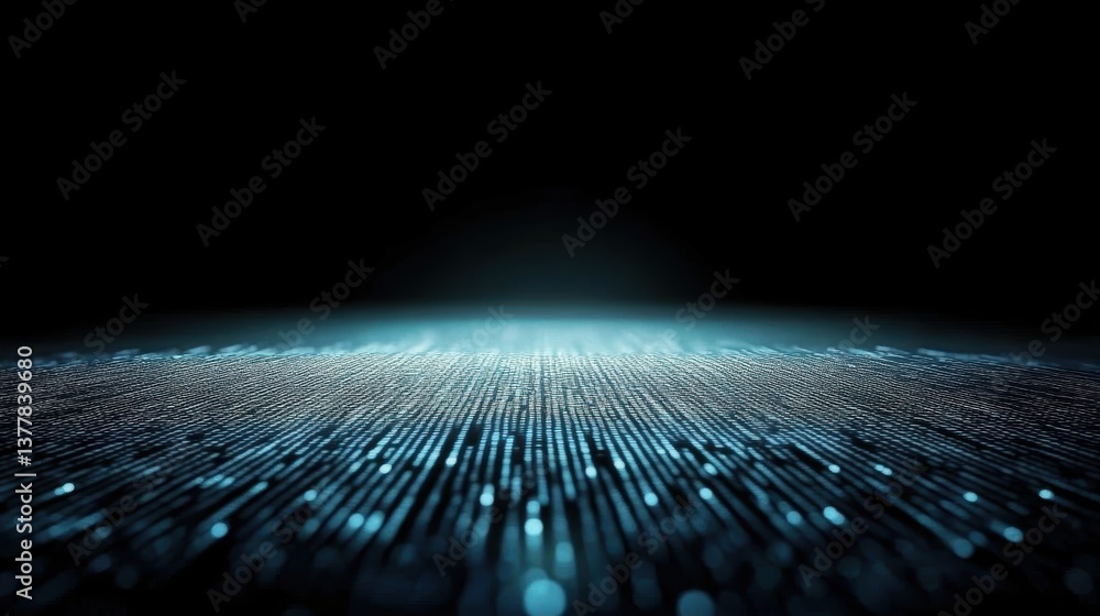 Poster futuristic digital matrix with glowing blue data particles on a dark background