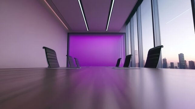 Modern conference room with purple accent lighting and cityscape view at dusk
