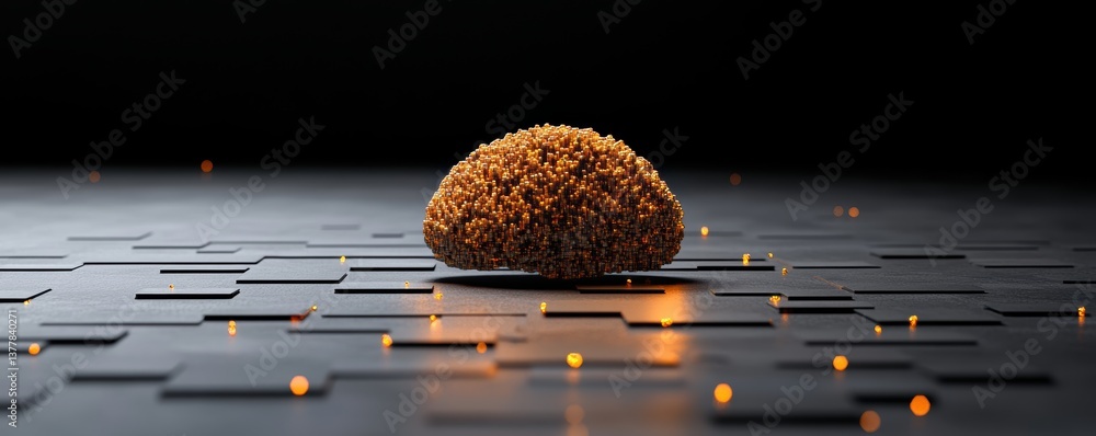 Poster artificial intelligence concept: golden neural network brain on dark geometric surface