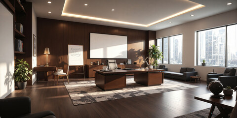 Sophisticated corporate office with a mahogany desk, leather chair, and brass task lamps. Include a projector screen on one wall