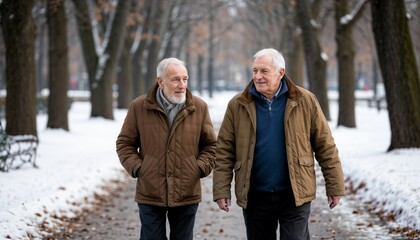 Two elderly men walking joyfully in a snowy park  