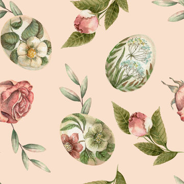 Easter seamless pattern with egg and rose flower on the cream background. Hand drawn watercolor design in vintage style. Cute nature print idel for wallpaper. Perfect for holiday fabric and paper.