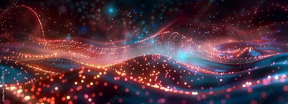 Poster abstract digital background with glowing dots and wavy lines, creating an otherworldly landscape.