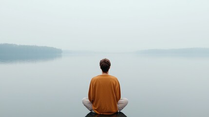 Fototapeta premium Solitary reflection: young caucasian male meditates by misty lake