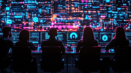 Cybersecurity team monitoring security operations center. System administrators work with network security, data protection, perform threat detection