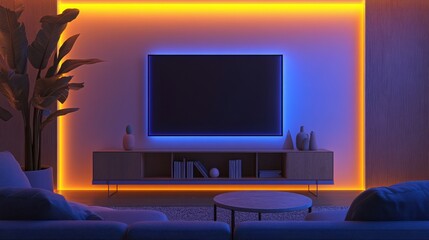 Modern living room with led strip lights. Contemporary house interior with comfortable sofa, table, bookshelf, tv. Stylish apartment design illuminated by blue, purple, yellow neon light, create cozy