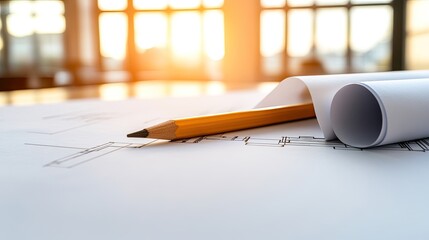 Close-up view of construction blueprints, highlighting design details with a pencil, illustrating a home building project