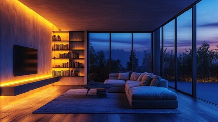 Modern living room with led strip lights. Contemporary house interior with comfortable sofa, table, bookshelf, tv. Stylish apartment design illuminated by blue, purple, yellow neon light, create cozy