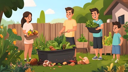 Family setting up a compost bin in the backyard to reduce food waste