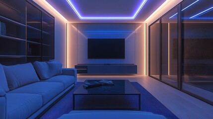 Modern living room with led strip lights. Contemporary house interior with comfortable sofa, table, bookshelf, tv. Stylish apartment design illuminated by blue, purple, yellow neon light, create cozy