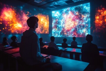Students are captivated by vibrant digital displays in a high-tech classroom, transforming traditional learning into an immersive, tech-driven experience Generative AI