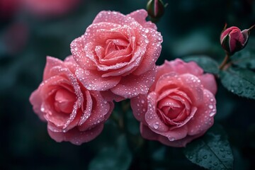 Blooming Pink Roses with Water Droplets Reflecting Soft Light and Romance