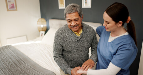 Nurse, senior man and hug with support, empathy and healthcare for retirement. Patient, caregiver...